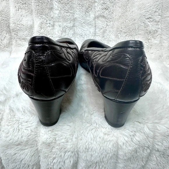 Taryn Rose Pumps Women 38.5 Brown Excellent Embroidered Leather Block Heel 9312 - Picture 4 of 11